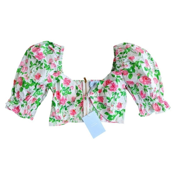 Hill House Puff Sleeve Cottage Isabella Crop Top Pink Roses Sz S NWT Spring - Picture 6 of 16